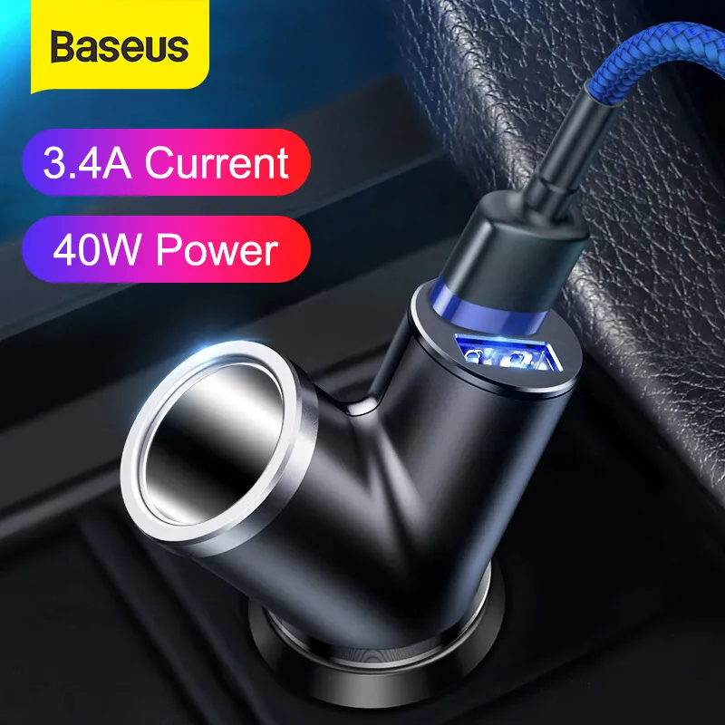 BASEUS 3-IN-1 DUAL VOOR iPhone X XS XR XIAOMI 3.4A Snelle USB-autotelefoonlader met uitgebreide voedingspoort