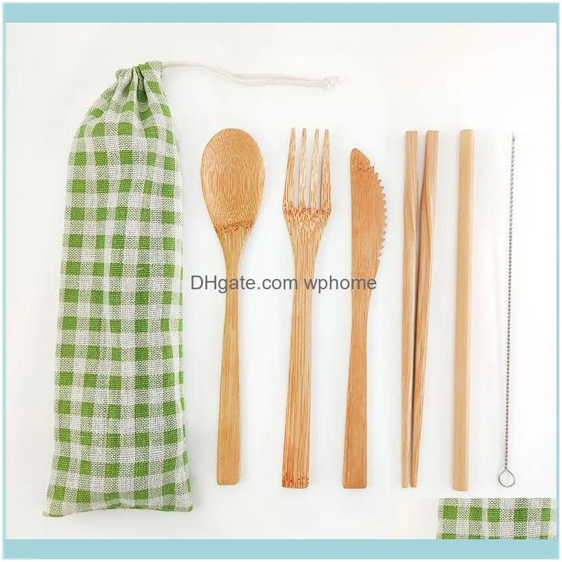 Flatware Sets 6pcs Reusable Bamboo Wood Cutlery Set Eco-Friendly Travel Wooden Natural Cotton Tableware1