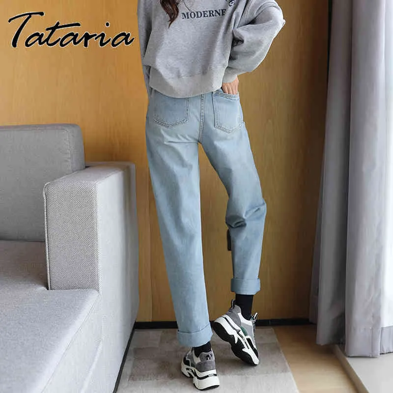 Vintage High Waist Jeans Harem Light Blue Cotton Loose Solid Color Spring Straight Leg Women Denim Pants 210514