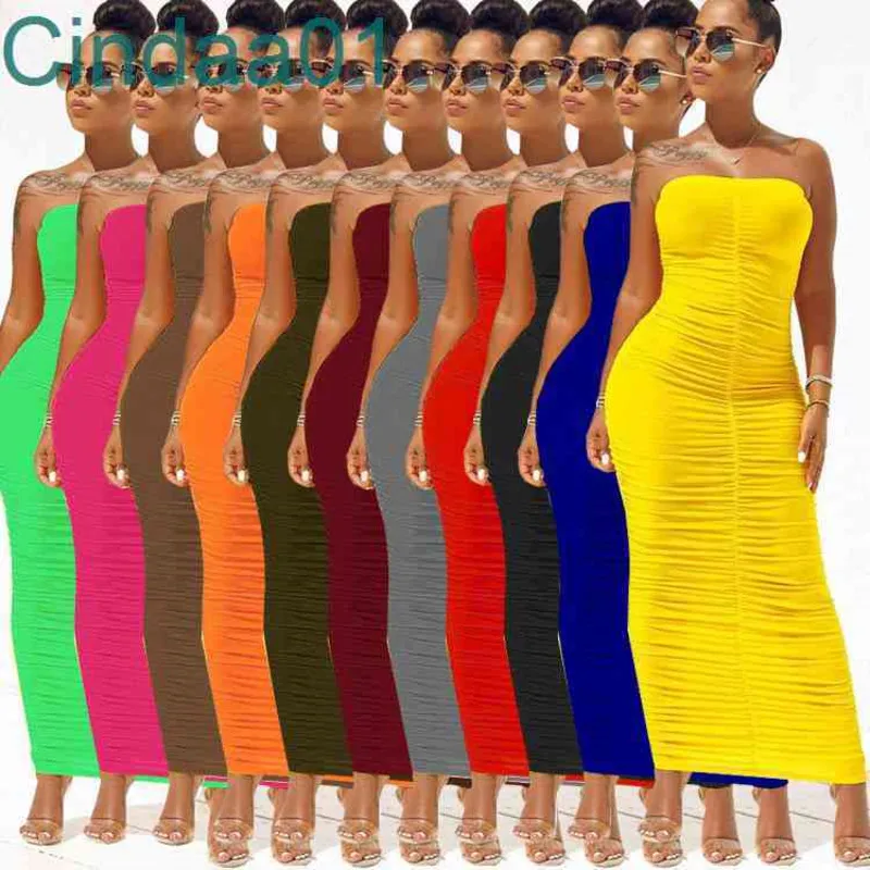 Women Long Maxi Dresses Summer Off Shoulder Bandeau Slim Pleated Casual Dress Tight High Stretch Party Dress Sexy Club Pencil Skirt