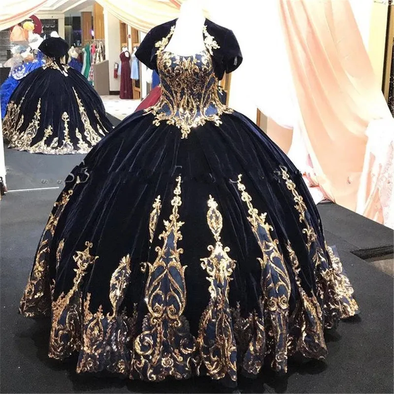 Navy Blue Velvet Princess Quinceanera Dress Ball Gown Sequins Applique Vestido Mexicano Style Sweet 15 Prom Gown with Sleeves