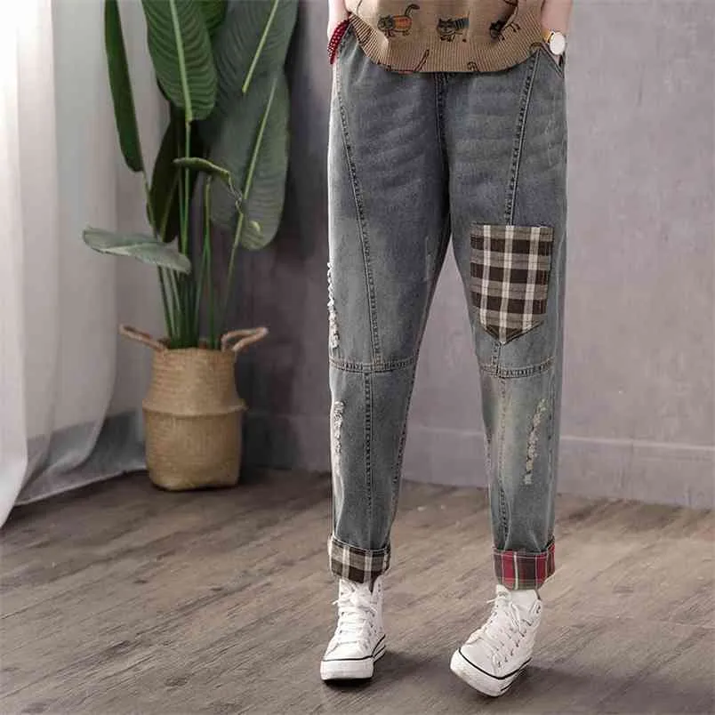 Lente Korea Mode Vrouwen Losse Vintage Ripped Borduurwerk Jeans All-Patched Casual Elastic Taille Denim Harem Broek S646 210512