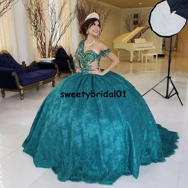 2022 الأخضر منتفخ الكرة ثوب quinceanera اللباس الخرز الحلو 16 فساتين أثواب مهرجان vestido دي 15 Anos XV