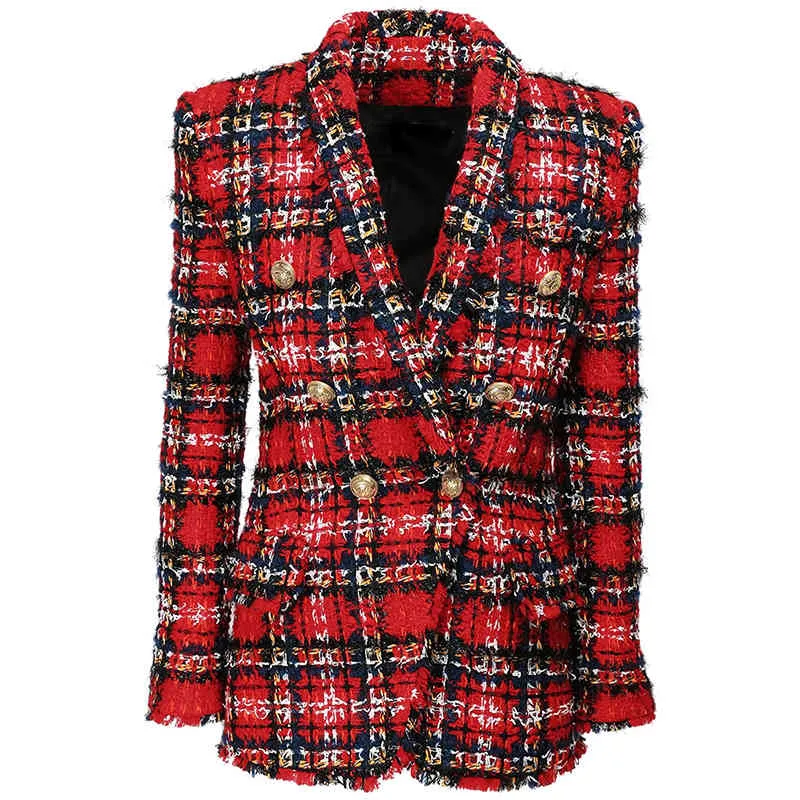 HIGH STREET est Designer Jacket Women's Double Breasted Shawl Collar Tassel Fringed Plaid Tweed Blazer 210521