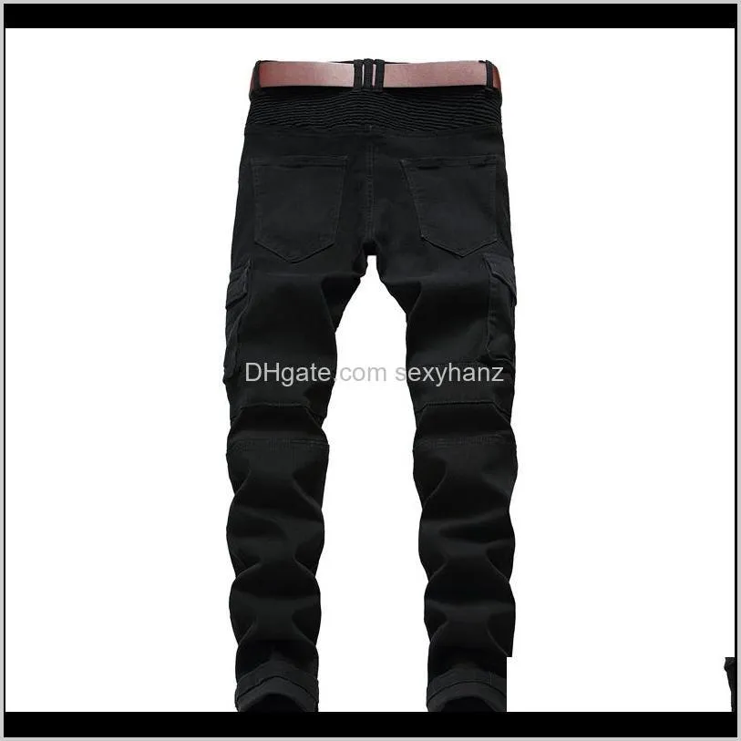 men`s jeans motorcycle denim casual black trousers zip decorative pocket fold cool solid color men`s stretch pants