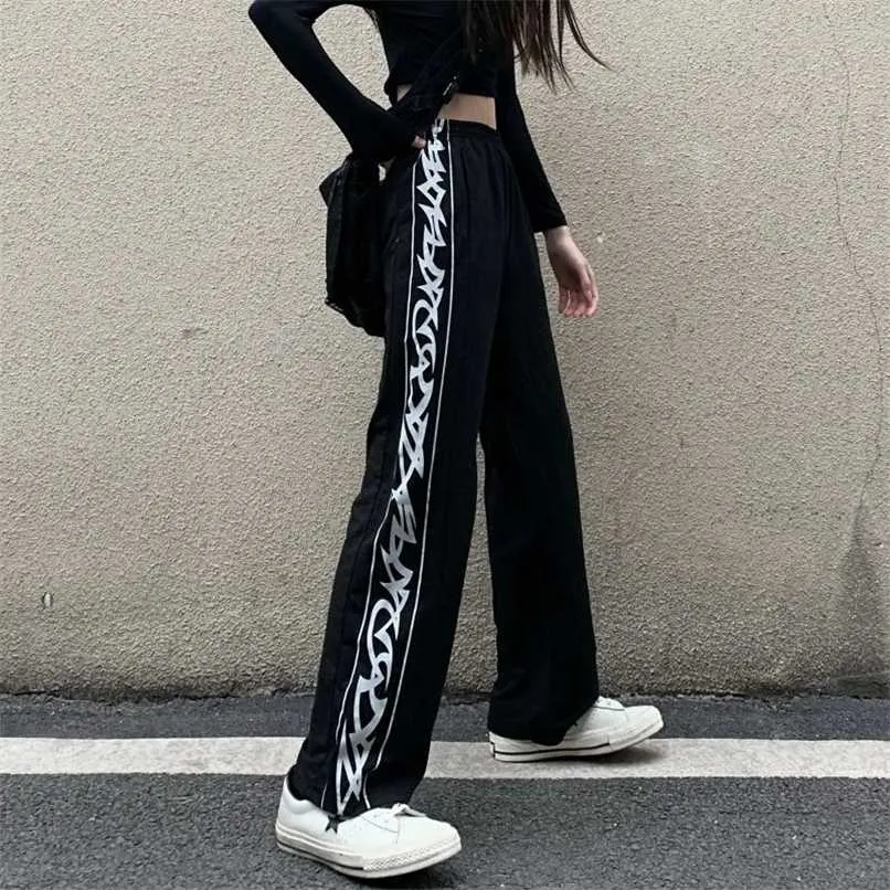 Tie-dyed High-waist Casual Pants for Female Students Loose Fried Street Slim Straight Wide-leg Sports 211112