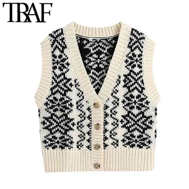 Women Fashion Button-up Printed Knitted Vest Sweater Vintage V Neck Sleeveless Female Waistcoat Chic Tops 210507
