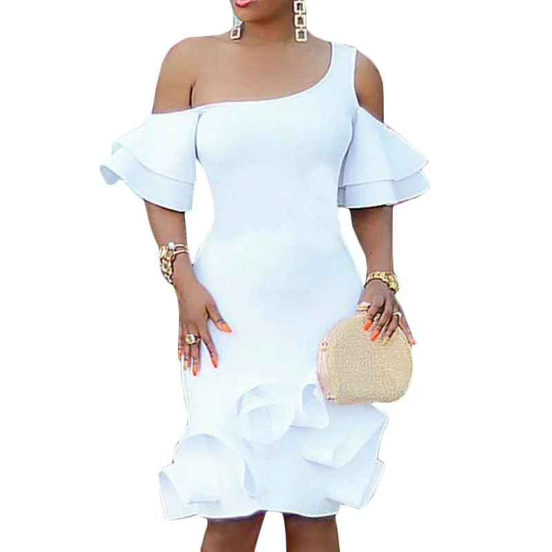 Kobiety White Party Dress One Ramię Ruffles Bodycon Slim Evening Clubwear Randki Noc Dinner Pakiet Hip Tight Rates Plus Size 210416