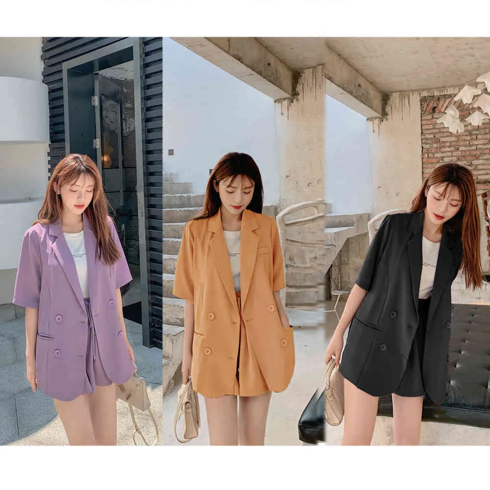 Summer Solid Color Female Shorts Suit Thin Purple Short-Sleeved Blazer Suits Chic Casual Two-Piece Set Outfit 210514