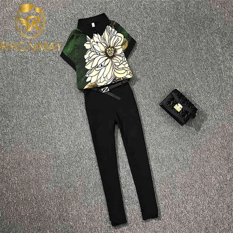 Women's Clothing summer Flower Printted Short Sleeve Shirt Blouse + Slim Ankle length Pants Suits Two piece Set Outfits 210506