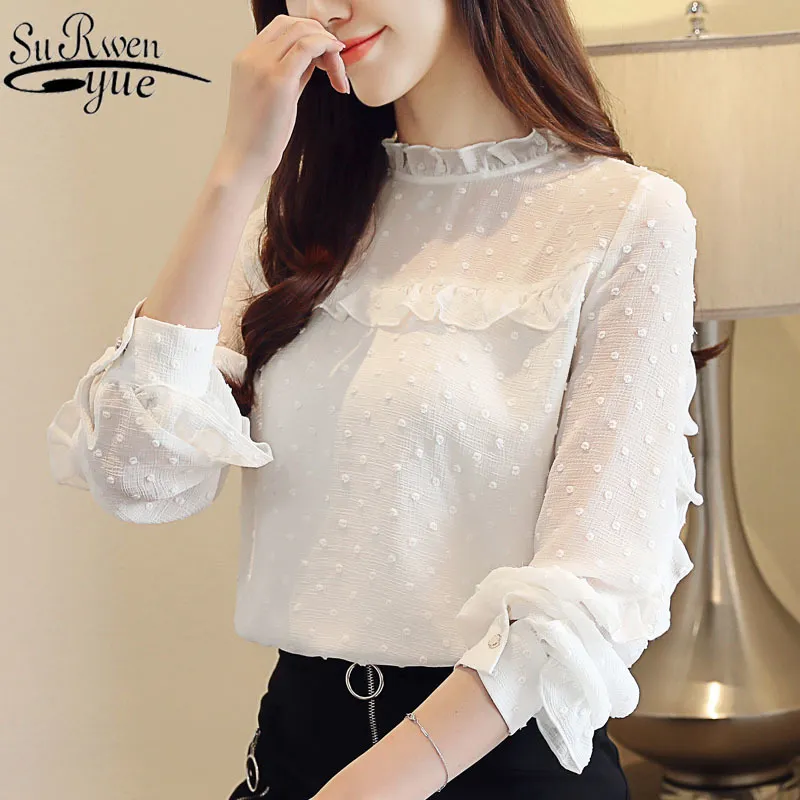 Womens tops and blouses ladies white long sleeve shirts chiffon blouse Ruffles Solid Stand pink korean clothes 8055 50 210427