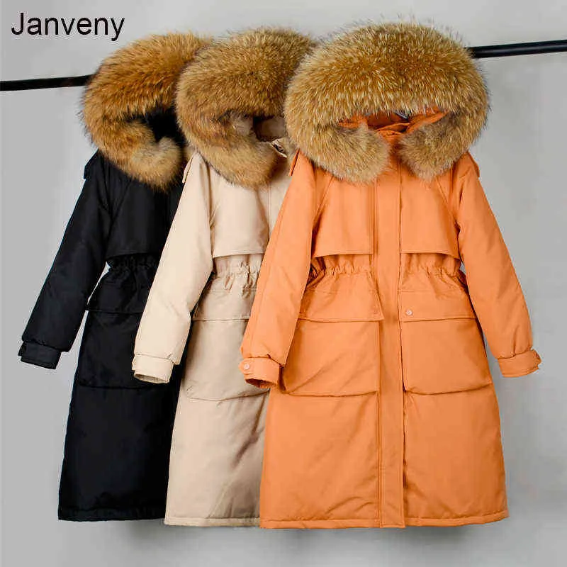 JejVeny Stor Naturlig tvättbjörn Fur Hooded Long Down Coat Kvinnor Vinter 90% Duck Down Parkas Kvinna Tjocklek Sash Tie Up Jackor 211130