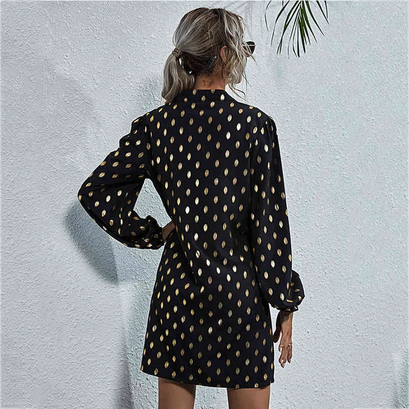 Polka Dot Gold Long Sleeve button down dress for Women - Casual Black Loose Fit with V-Neck Shirt - Perfect for Spring and Autumn - Style 210415 Polka Dot Gold Long Sleeve button down dress for Women - Casual Black Loose Fit with V-Neck Shirt - Perfect for Spring and Autumn - Style 210415