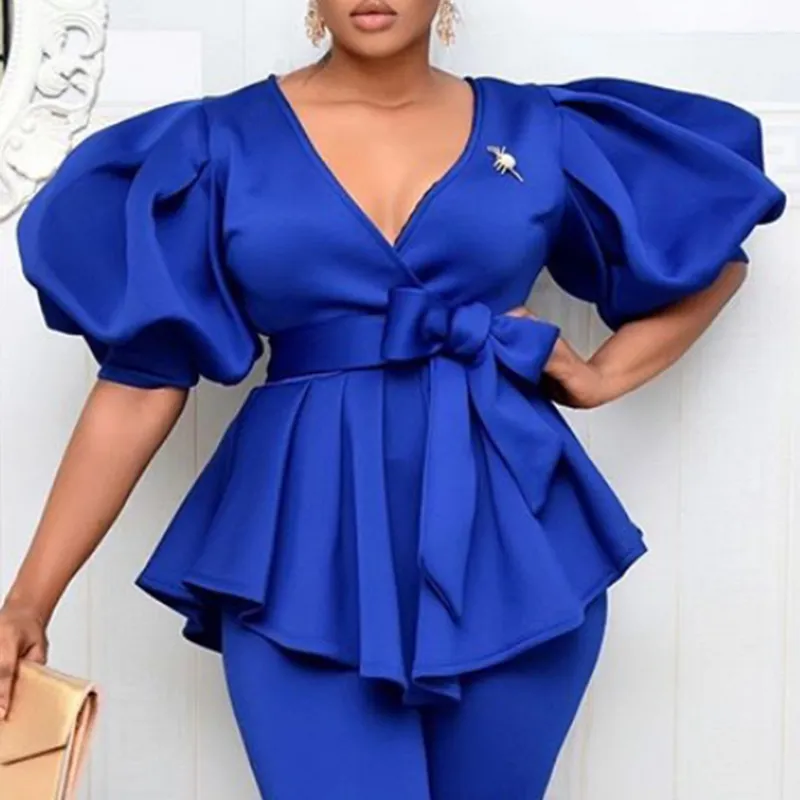 Vrouwen blouses v-hals korte lantaarn mouw met sjerpen peplum ruches plus size xxl elegante kantoor dame werk shirt vrouwelijke blusas 210416