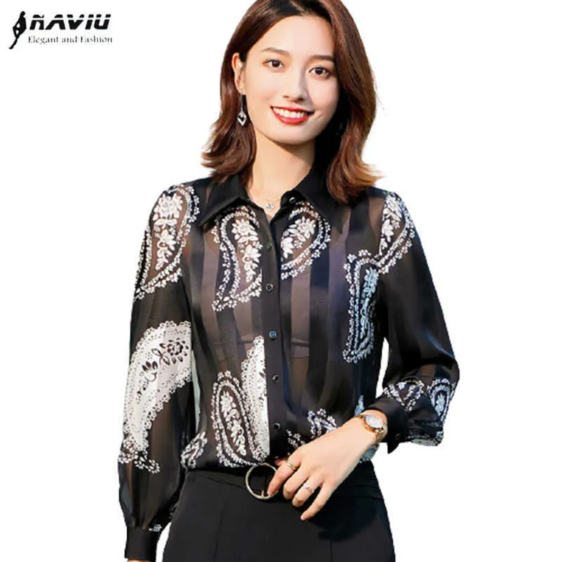 Naviu Fashion Transparent Shirt High Quality Printed Chiffon Blouses For Women Tops Spring Office Wear 210604