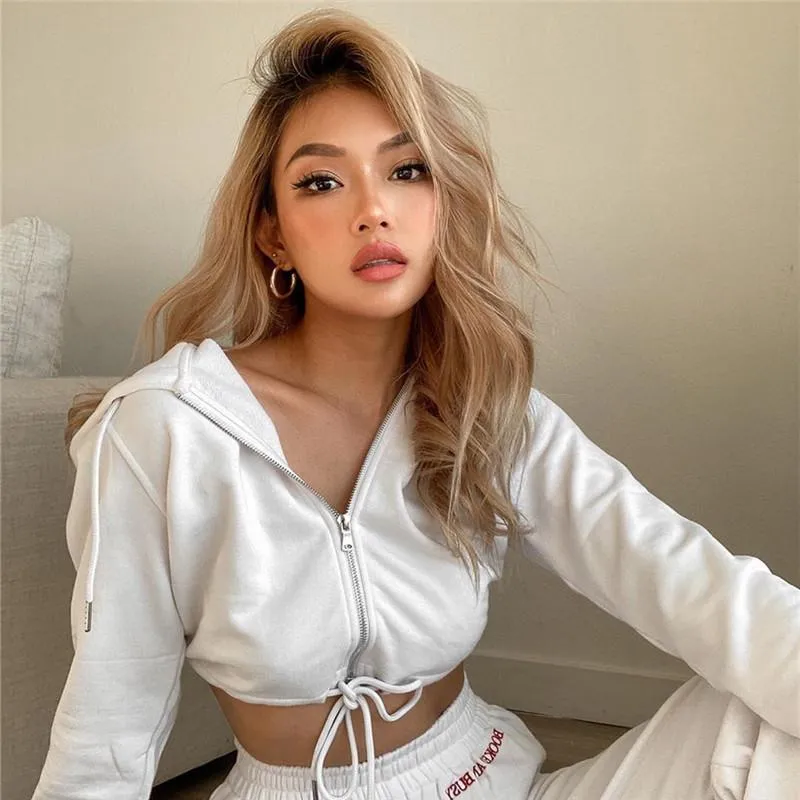 Women s Hoodies Sweatshirts Autumn White Casual Ladies Zip Up Long Sleeve Crop Top Sweatshirt Women Drawstring Hooded Sweat Shirt Streetwe