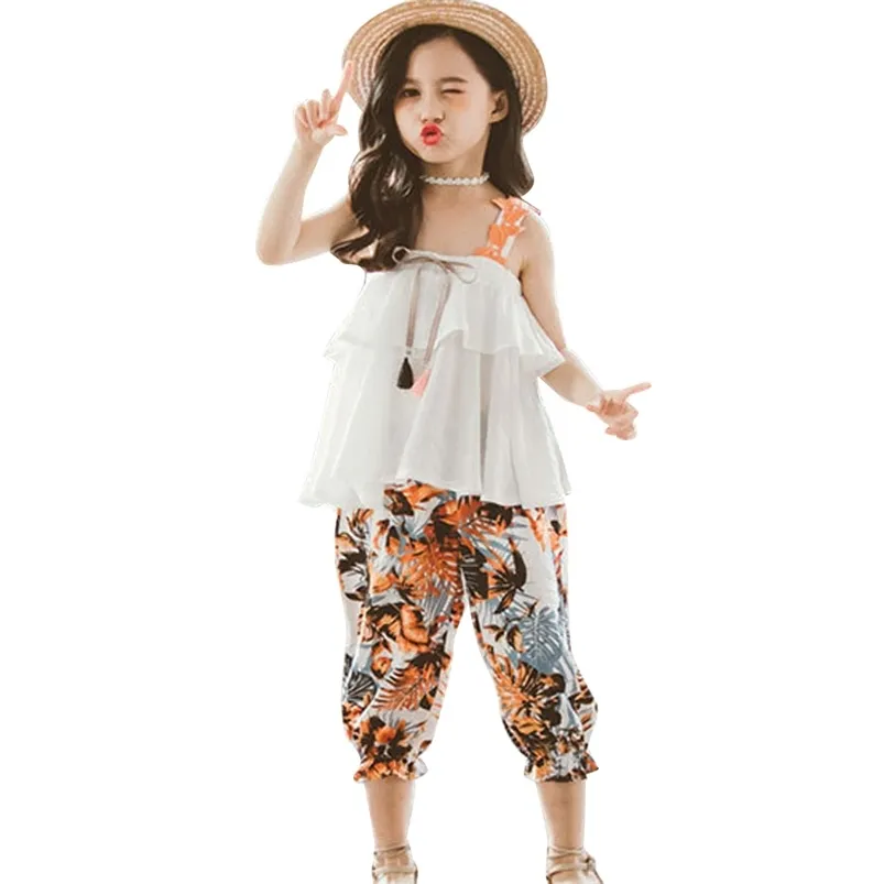 Letnie ubrania dla dziewczyn solidna kamizelka + spodnie kwiatowe 2 sztuk kostiumy nastoletnie dzieci ustawione 6 8 10 12 13 14 rok 210527