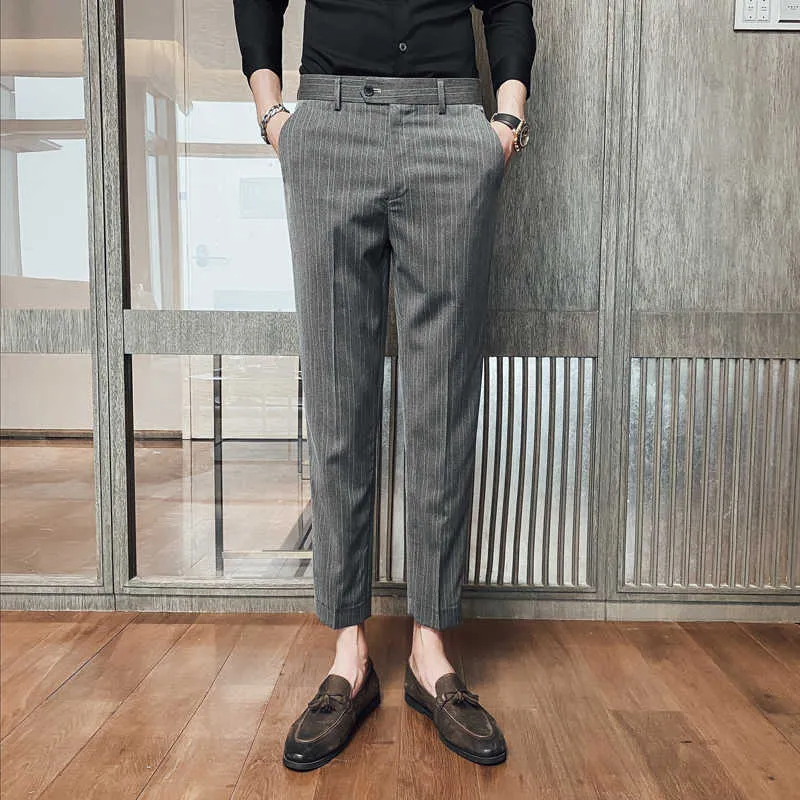 Mode män affärsklänning byxor klassisk randig avslappnad slank formell kontor social kostym byxor streetwear ankel längd byxor 210527