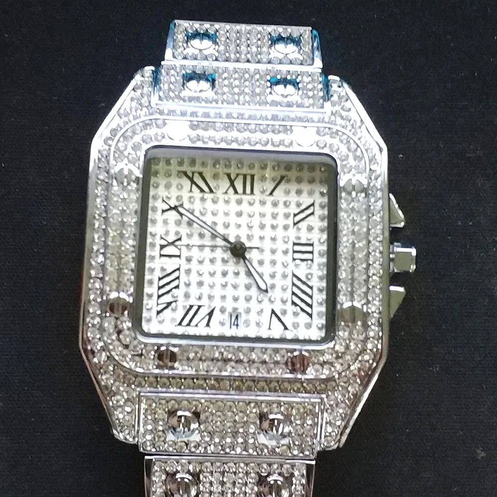 Homens relógios mulheres relógio completo diamante brilhante movimento de quartzo congelado relógio de pulso prata branco boa qualidade amante analógico pulsowtaches225h
