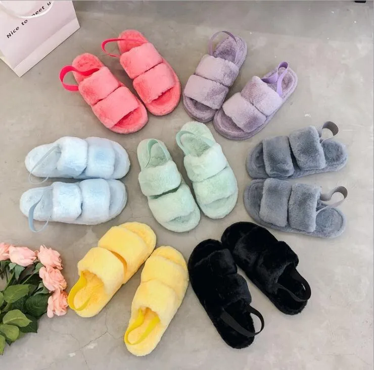 Harige slippers bontglijbanen voor vrouwen faux bont sliders indoor schoenen vrouw riem schoenen vrouwelijke casual huis platte winter schoeisel 922