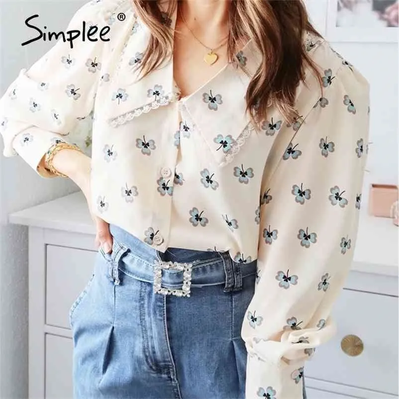 Vintage imprimé floral femmes décontracté à manches longues femme haut col en v streetwear bureau dames blouse chemise 210414