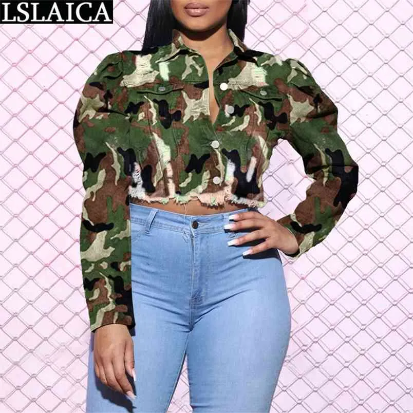 Denim Jacket Women Fashion Long Sleeve Turn-down Collar Lady Short Coats Autumn Plus Size Casual Camouflage Crop Tops Streetwear 210515