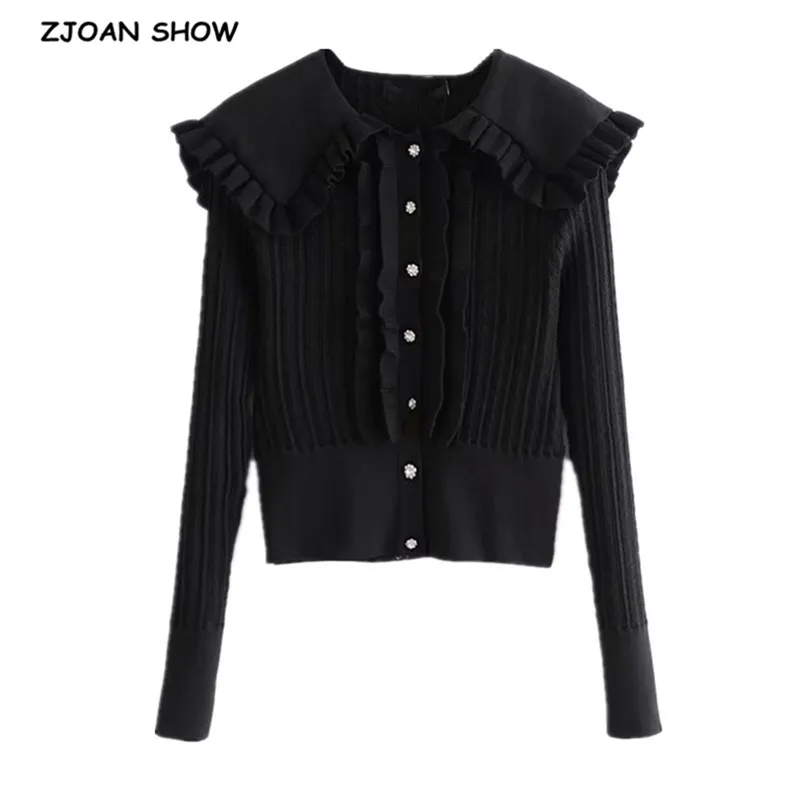 Primavera elegante lapela splice ruffles knitting Único breasted cardigan suéter mulher manga longa jumper malhas black 210429