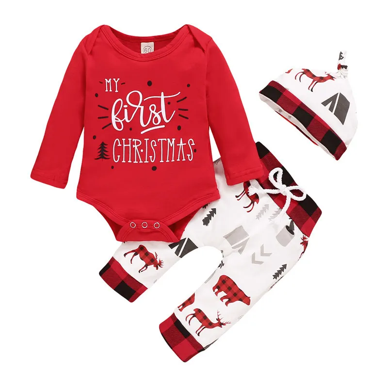 0-12m Min 1: a julfödd spädbarn baby pojke flicka röd kläder set brev romper tecknad pants hatt outfit xmas kostymer 210515