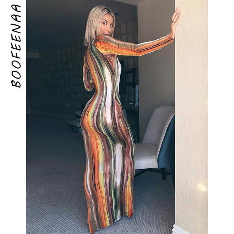 Boofeenaa Stripe Tie Dye Print Sexig Maxi Drspring 2021 Casual Long Drwomen Nattklubb Långärmad Bodycon Dresses C70CC31 X0529