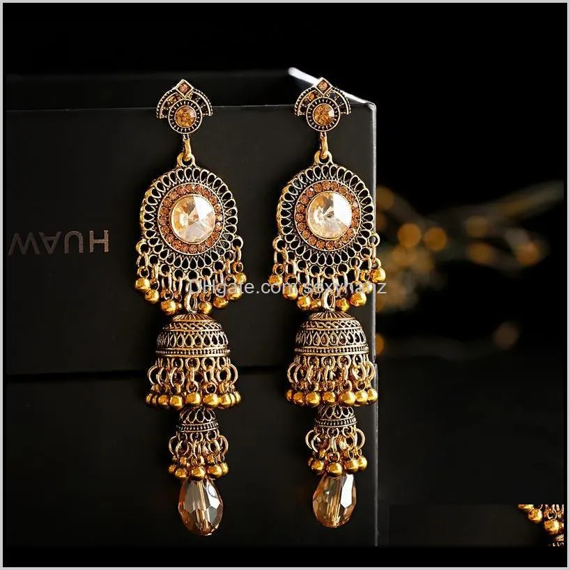 tophanqi antique sliver color birdcage bell tassel long dangle earrings for women boho ethnic round rhinestone jewelry