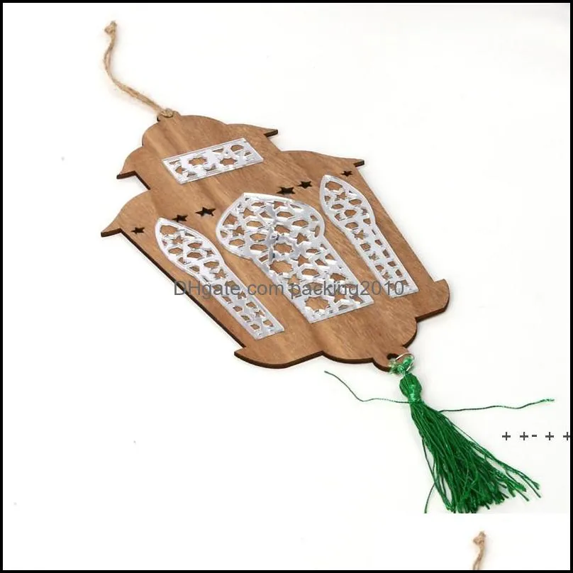 Andra festliga festförsörjningar Home Garden Eid Mubarak Ramadan trätprydnad med Tassel Muslim IsRamic Pendant Decor Ewe12813 Drop Delive