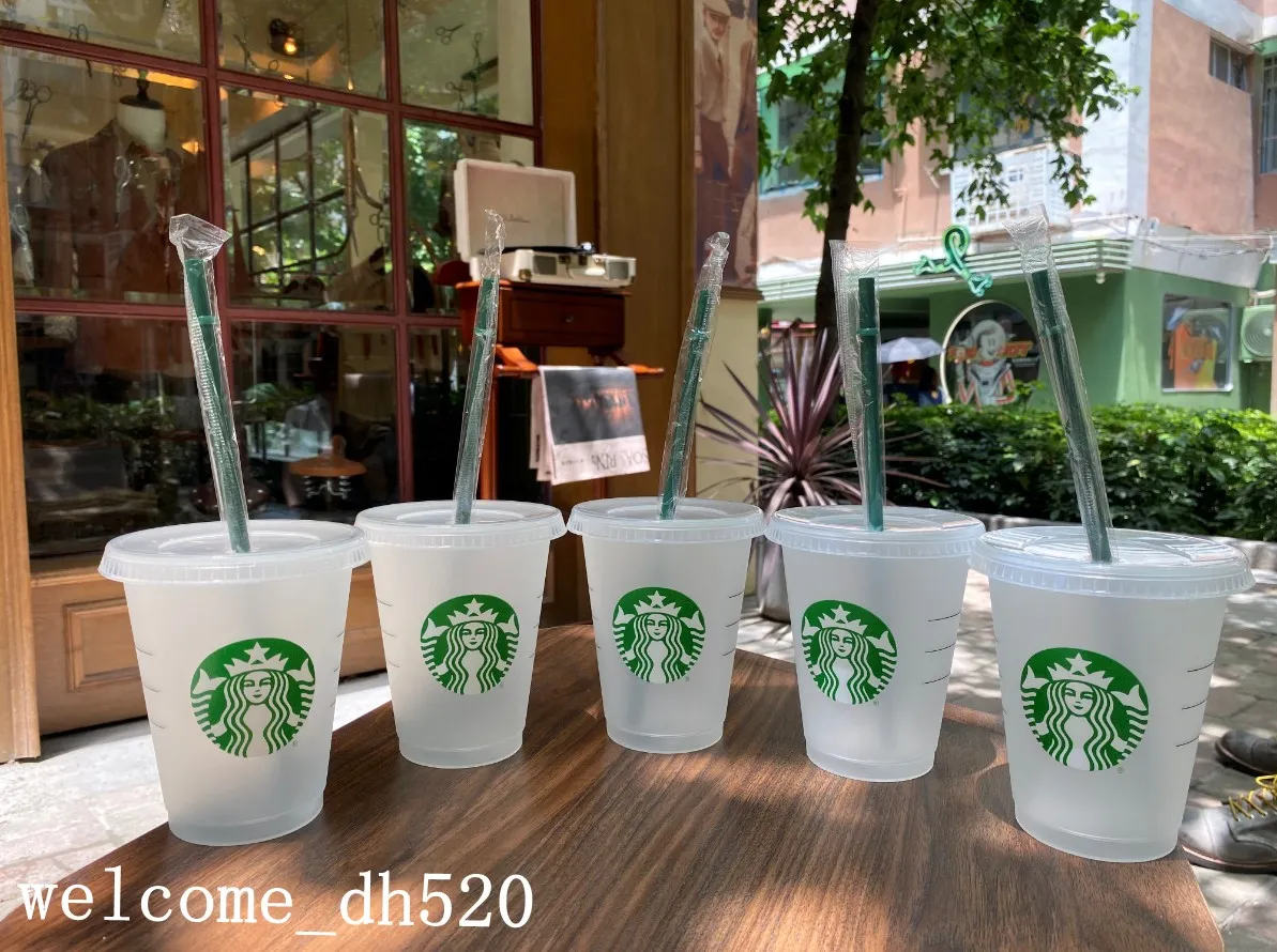 Starbucks 16oz / 473ml Tasses en plastique Gobelet Réutilisable Clear Boire Fond plat Pilier Couvercle Paille Tasse Bardian