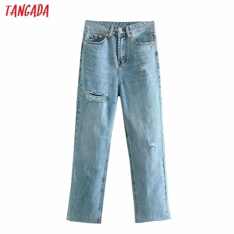 Tangada Fashion Women Ripped Mom Jeans Pants Trousers Pockets Buttons Female Denim Pants 4M168 210609