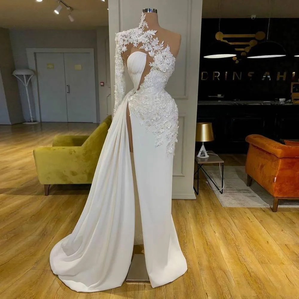 Een schouder elegante prom jurken kant applique side split avondjurk plooien sexy vrouwen feestjurken