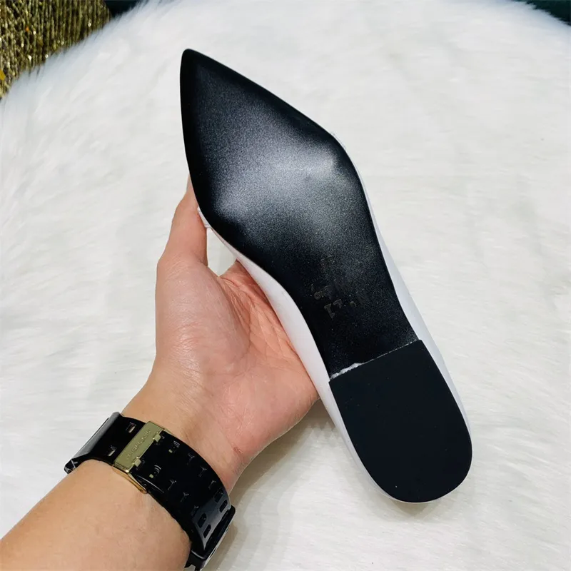 Women`s Sandals Fashion Leather Pointed Toe Rubber Metal Flat Shoes Black White Heatshoes