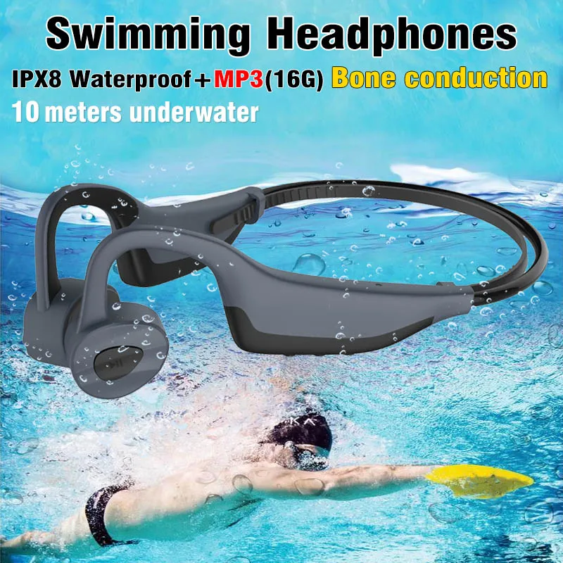 IPX8 Waterproof Swimming Headphones Bluetooth Wireless Earphone MP3 Player 16GB Bone Conduction Headset HD Call Running Diving Stereo Sport Speaker Microphone