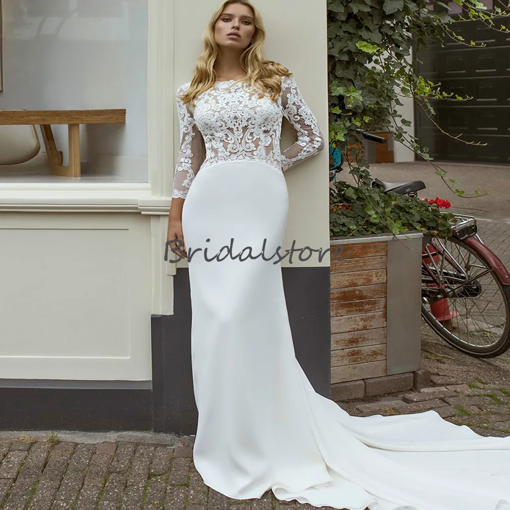 ファッションレースマーメイドのウェディングドレス2021長袖スリムサテンカントリーブライダルガウンバックレスプラスサイズの庭の花嫁のパーティードレス