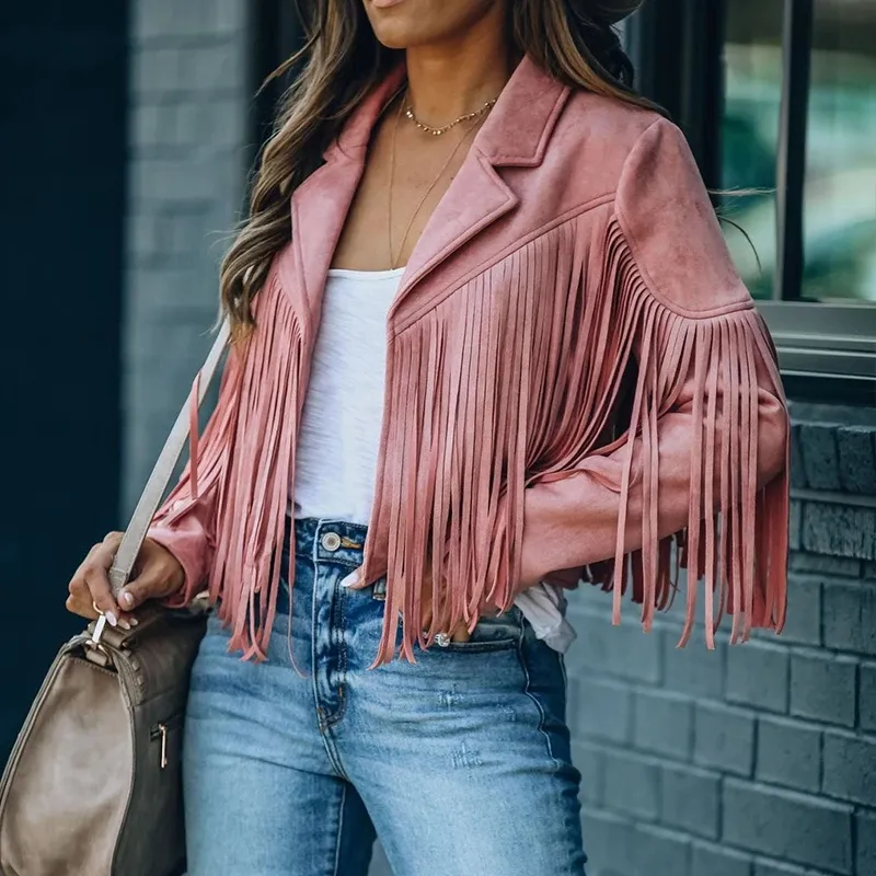 Veste en Faux daim pour femme, belle veste d'automne à revers pour moto, manteau court à franges solides pour femme