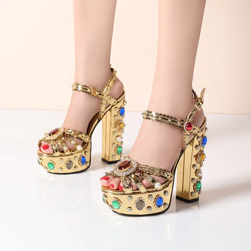 2021 Fashion Gold Leather Platform Sandals Women Sexy Chunky Heels Shoes Mix Color Crystal Party Prom Shinning Thick Heel