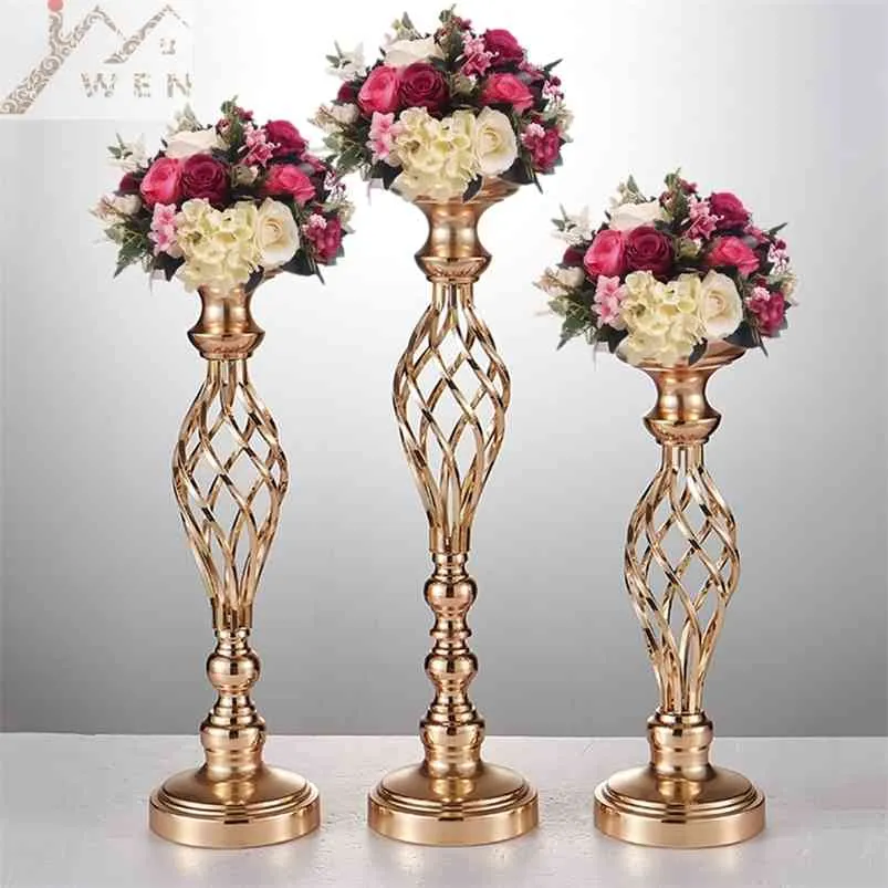 IMUWEN Creative Hollow Gold / Silver Metal Candle Holder Centro de mesa de boda Florero Rack Home el Road Lead Decor 210722