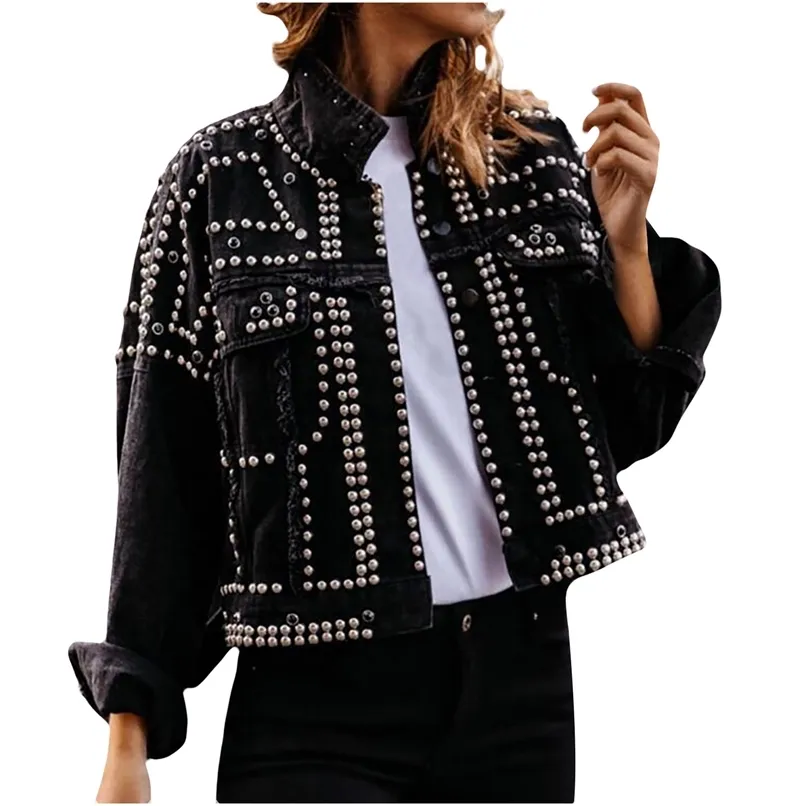 女性の黒いパンクジャケットファッションビーズのターンダウンカラーコートの外出短い洗濯デニム機関車風ジャケット211109
