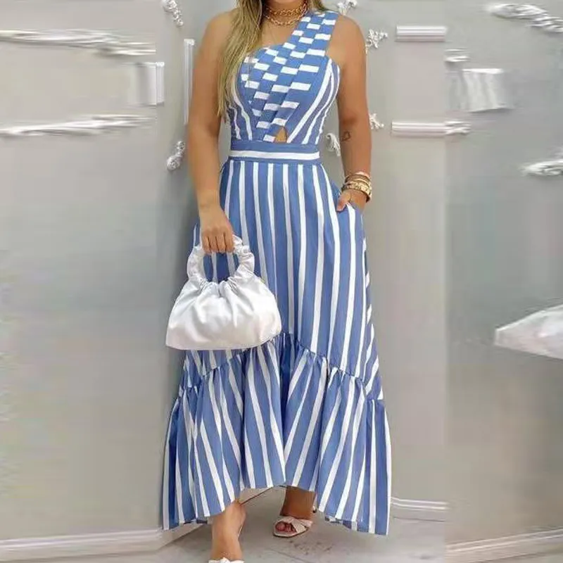 Fashion Ärmlös Stripe Maxi Klänning Kvinna Sommar Boho Eleganta Casual Långa Klänningar För Kvinnor 210521