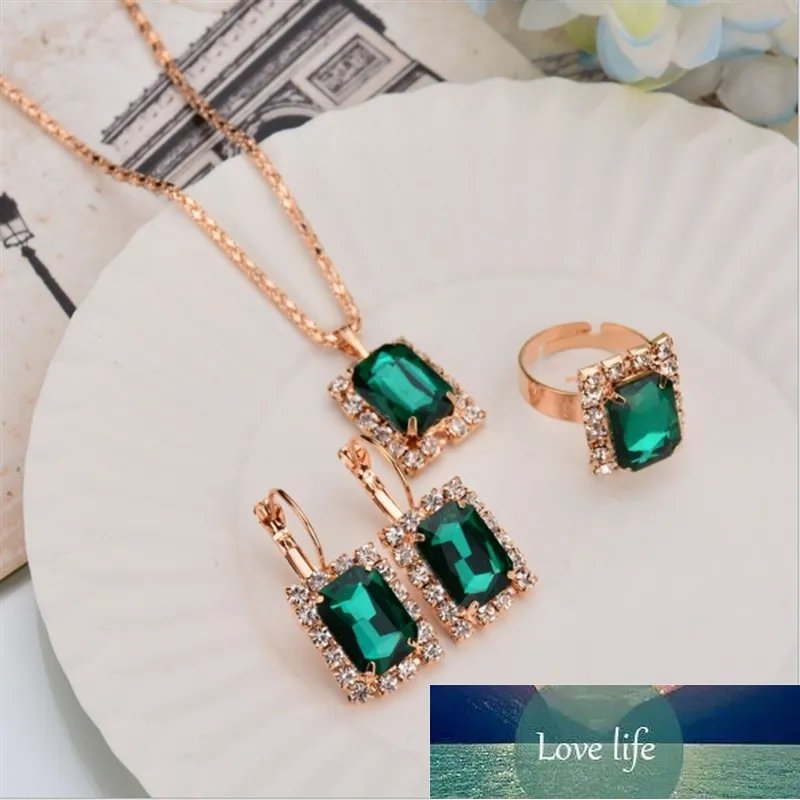 3 pièces/ensemble mode or couleur ensembles de bijoux pour femmes rouge bleu vert cristal pendentif collier boucles d'oreilles anneau fête bijoux prix usine conception experte qualité