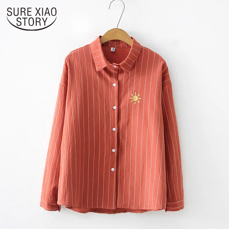 Autumn Japanese Harajuku Style Delicate Embroidery Women Long-sleeved striped Shirt Girl Button Blouses Tops 6714 50 210417