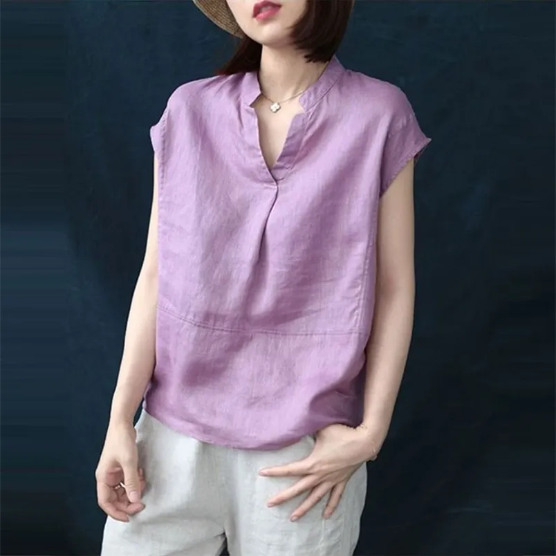Women's Short Sleeve V Neck Blouse Loose Fit Cotton Linen Top For ...