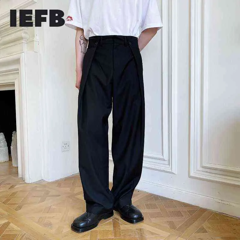 IEFB / Mäns Slitage Fashionable All-Match Personlig Dubbel Fold Waist Design Wide-Leg Casual Black Korean Style Byxor 9Y2611 H1223