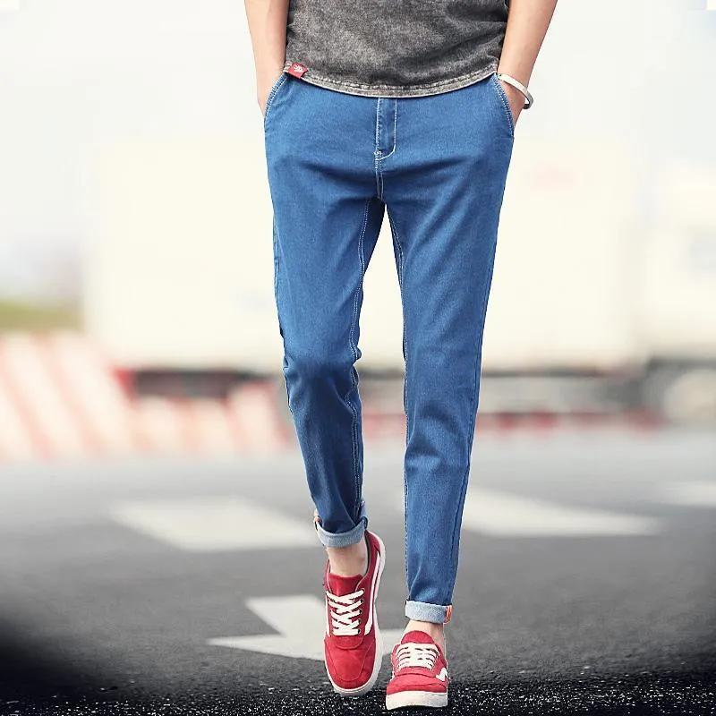 Men's Jeans 2022 Summer Mens Solid Black Blue Ankle Length Pants Korean Design Boys Denim Pencil Pant Man Casual Skinny Jean Men1