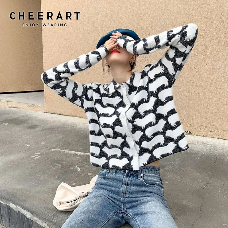 Animal Print Sweater Cardigan Women Button Up Furry Knitted Cute Jacket Kawaii Winter Fashion 210427