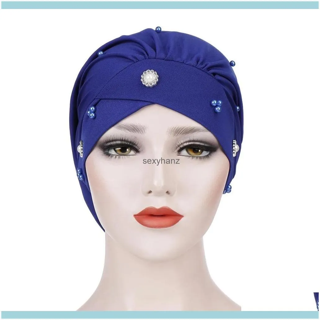 New Women Muslim Beads Cancer Cap Hat Bonnet Turban Headscarf Wrap Cap Hair Loss Elastic Skullies Beanies Arab Cover Fashion