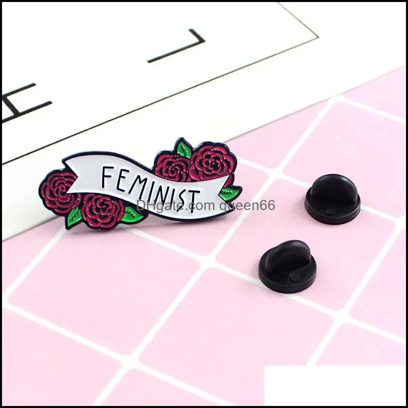 Pins Brooches Jewelry "Feminist" Flowers Logo Special Enamel Cartoon Brooch Creative Letter Lapels Denim Badges Gifts For Children Pins Dro